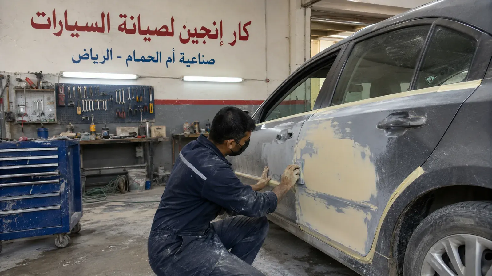 سمكرة وتجهيز باب سيارة داخل الورشة