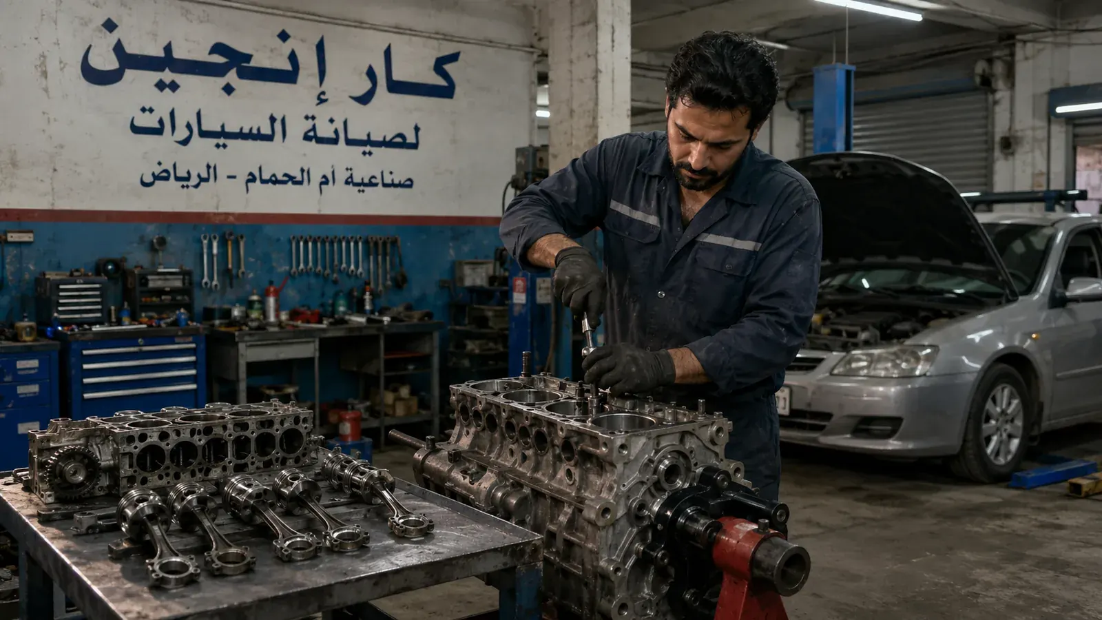 توضيب وفحص مكينة داخل ورشة سيارات