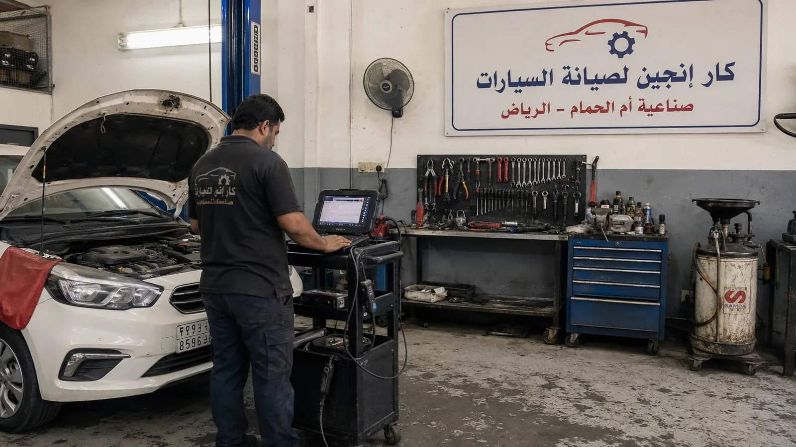 فني يفحص سيارة داخل ورشة كار إنجين في صناعية أم الحمام الرياض